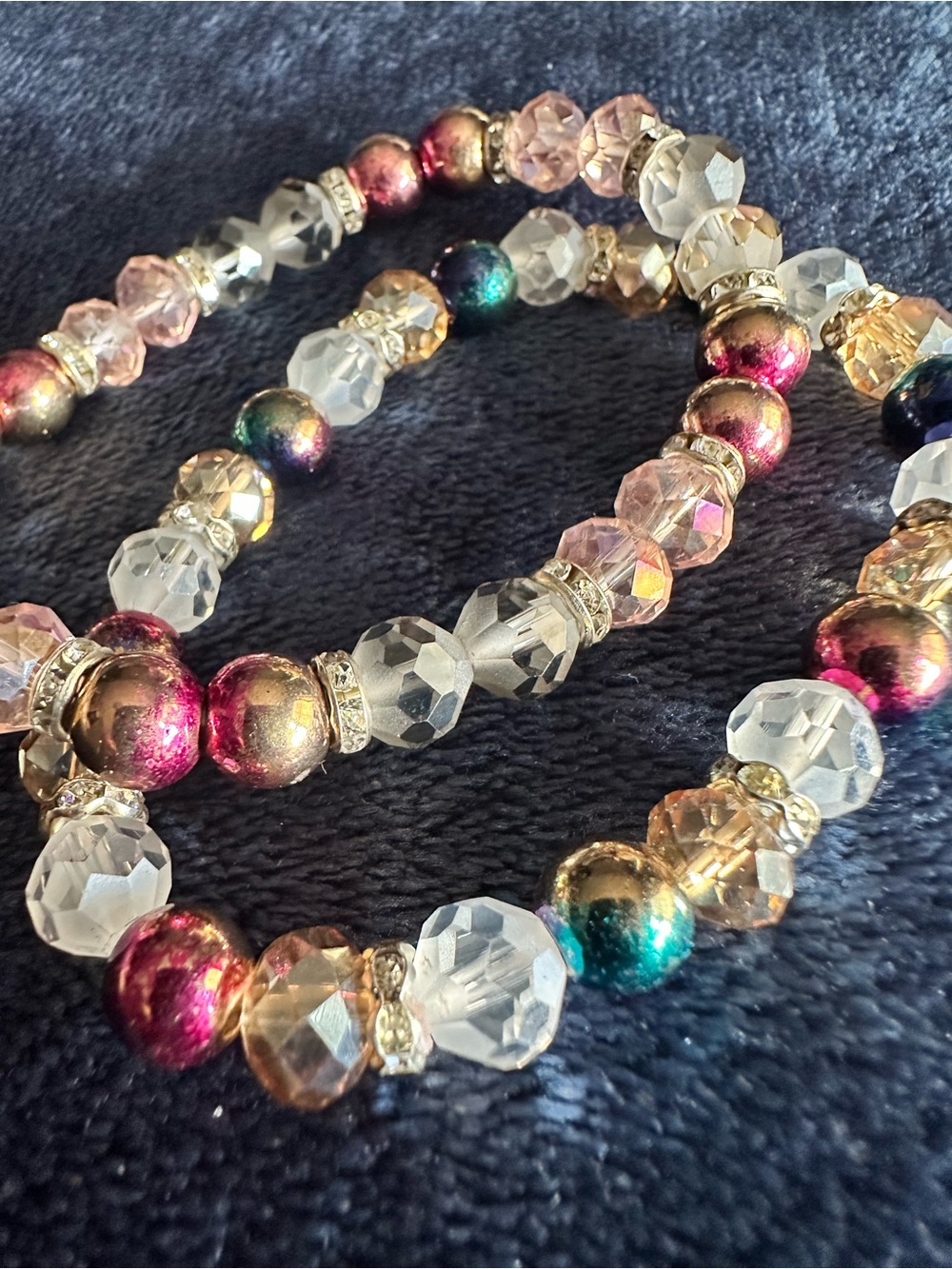 Crystal and Iridescent Beaded Stretch Bracelet - Pink Multicolor.  Stretchy